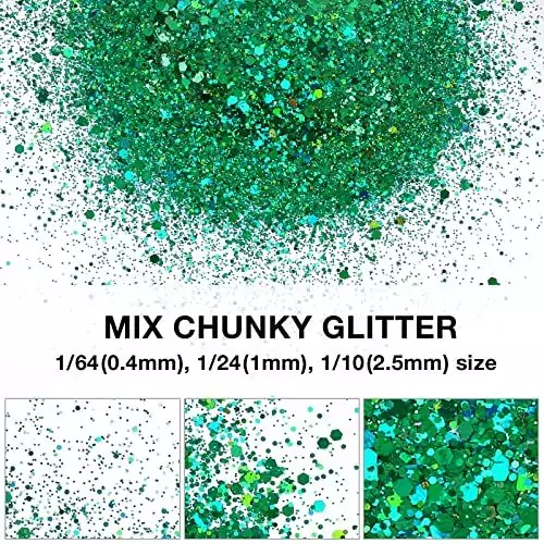 Emerald green holographic chunky sparkle resin for classroom projects, ideal for unicorn-themed crafts, adds shimmering glitter effects.