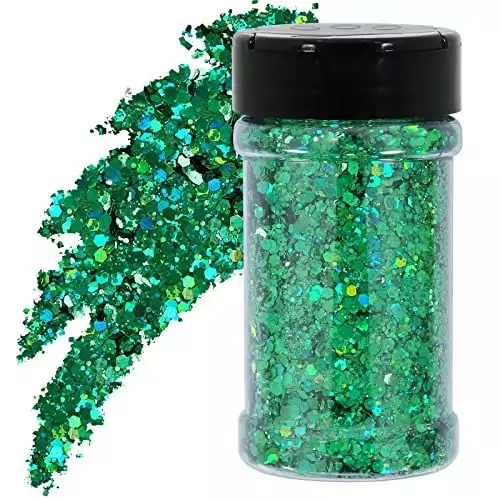 Emerald green holographic chunky glitter torc, perfect for resin crafts and classroom projects, available in a 4oz container. Ideal for decoration and art.