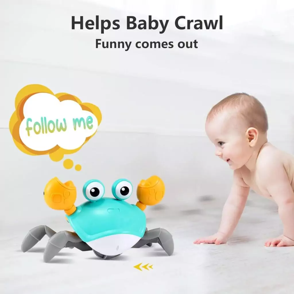 Interactive baby toy: Crawling crab encourages tummy time and early learning for infants aged 3-12 months, promoting motor skills and sensory development.