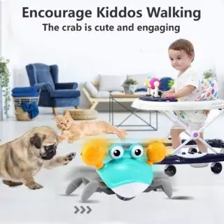 Interactive crawling crab toy for babies aged 3-12 months, promoting educational and engaging tummy time play to boost development and coordination.