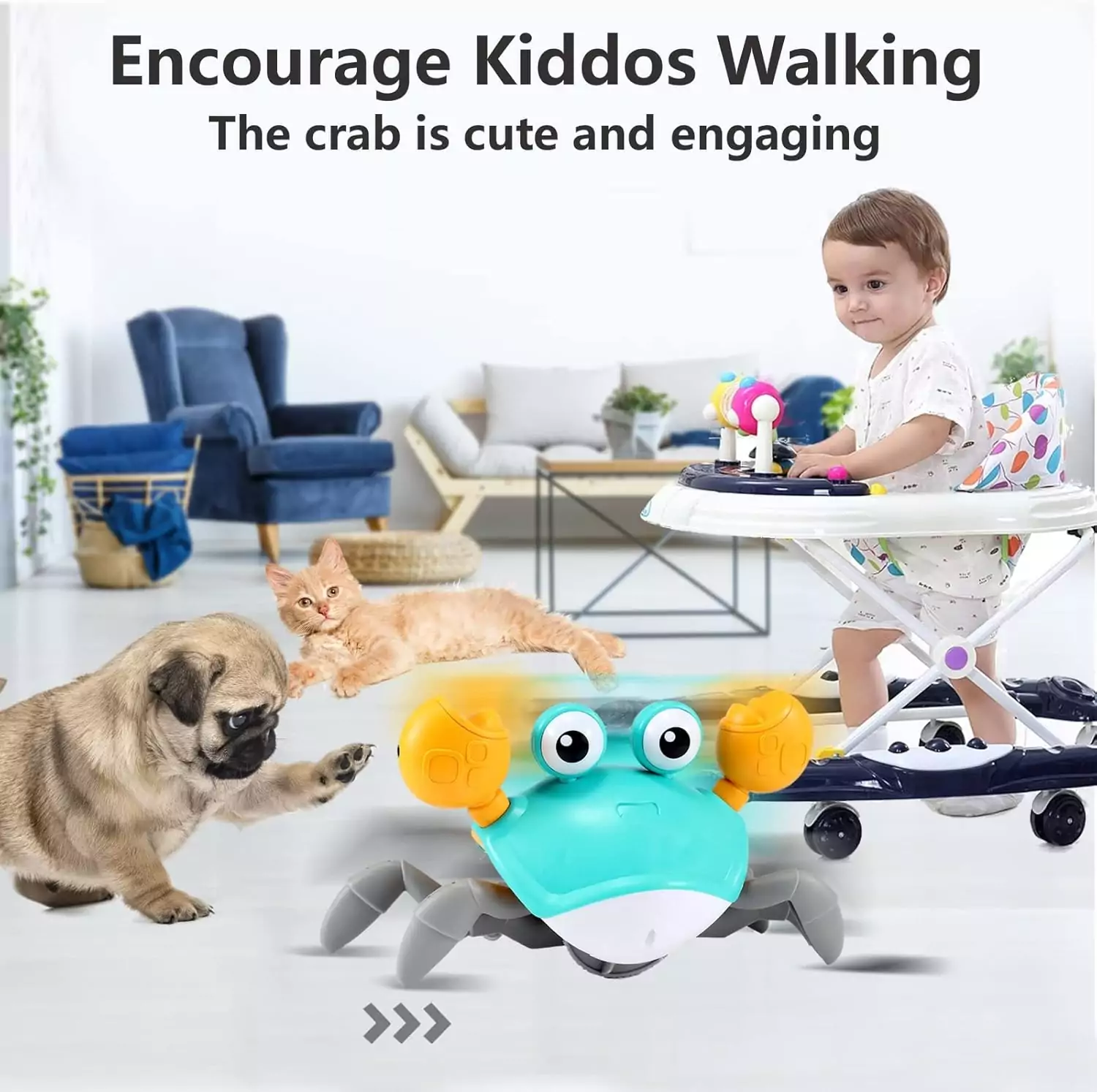 Interactive crawling crab toy for babies aged 3-12 months, promoting educational and engaging tummy time play to boost development and coordination.
