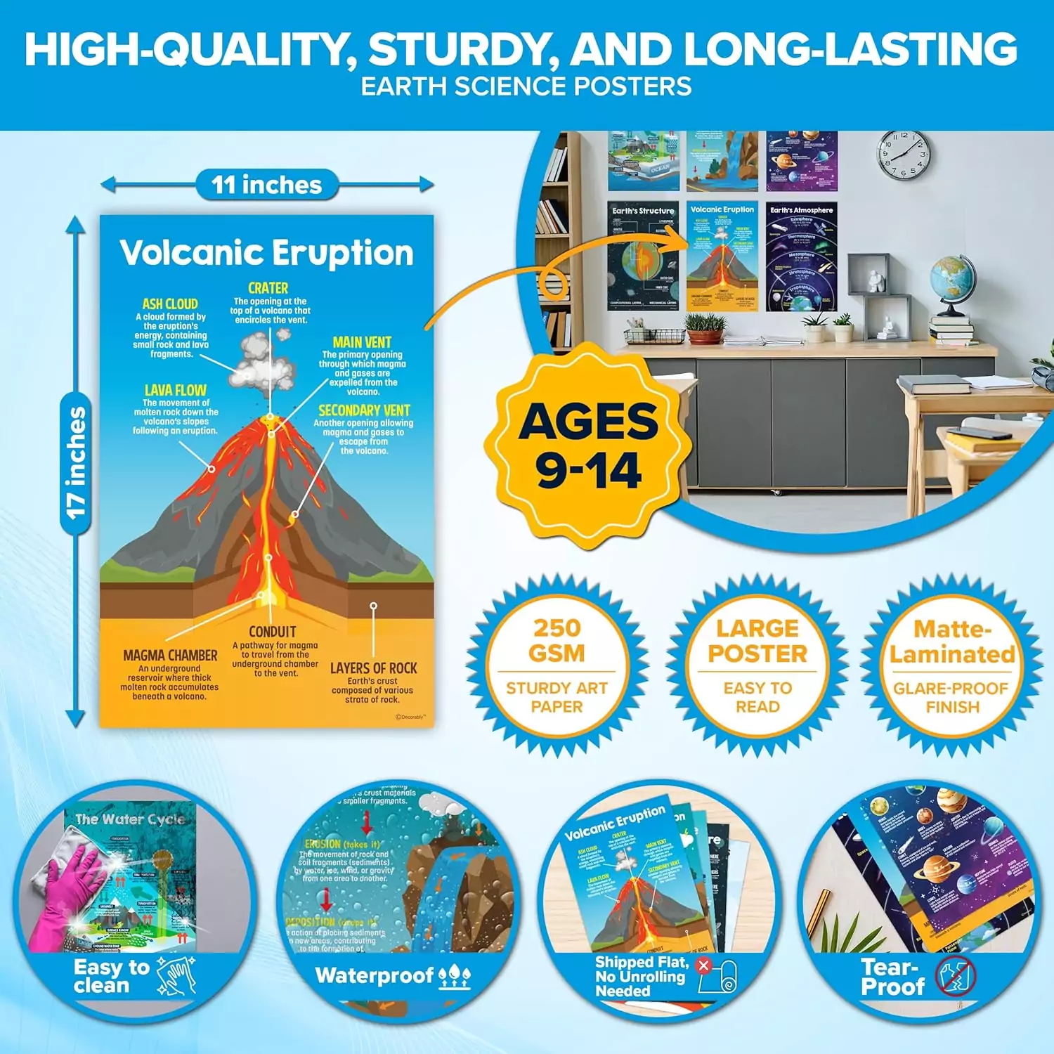 Enhance your classroom with a 12-pack of Earth Science posters. These 11x17in educational decorations offer a unique and informative display.