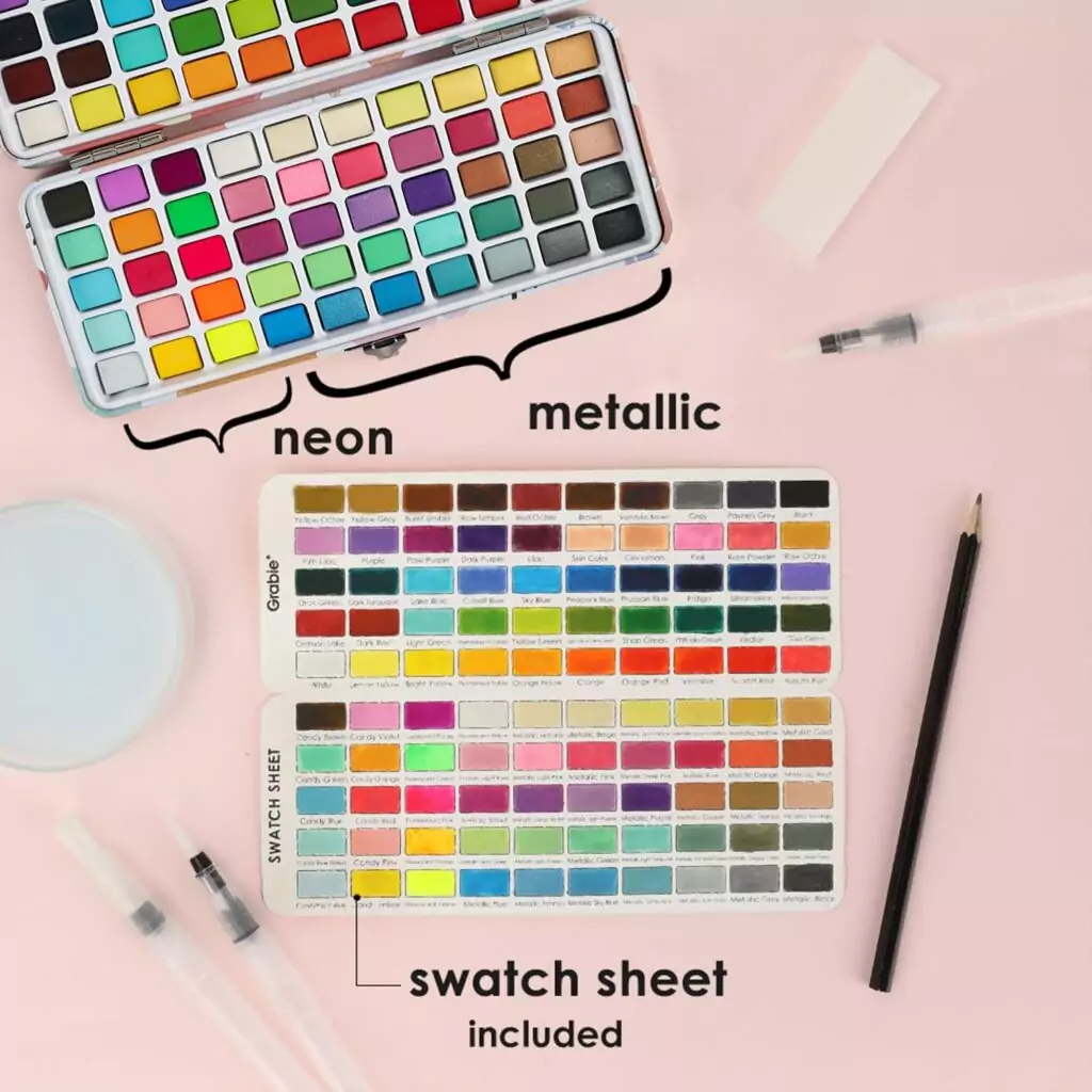 Discover the Grabie 100-Color Watercolor Set, featuring classic, metallic, macaron, and fluorescent paints. Ideal for educators and creative projects.
