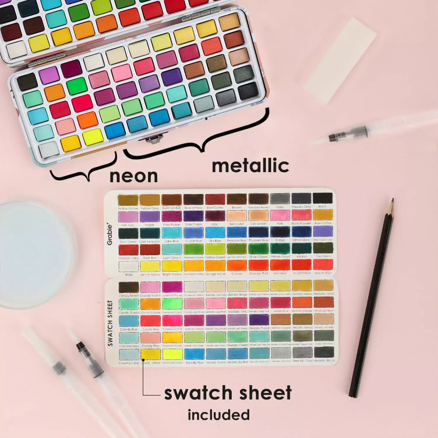 Discover the Grabie 100-Color Watercolor Set, featuring classic, metallic, macaron, and fluorescent paints. Ideal for educators and creative projects.