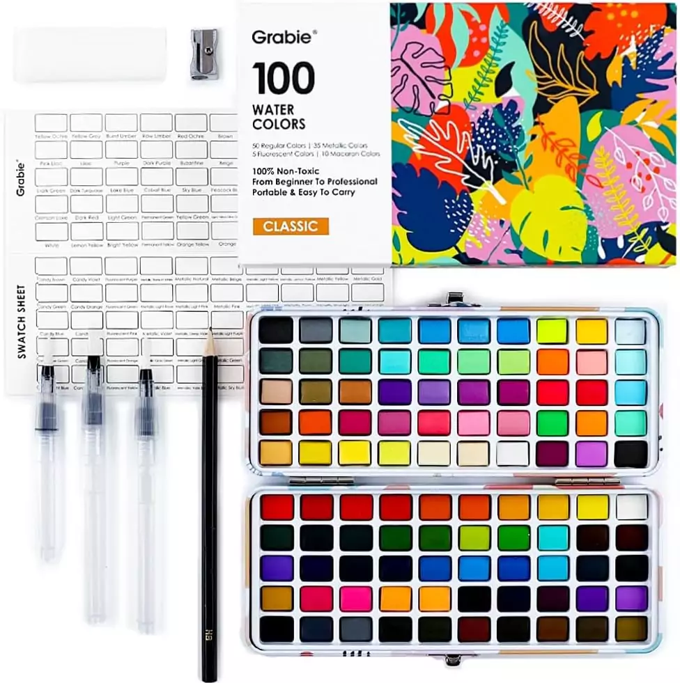 Discover the Grabie 100 Color Watercolor Set for Educators, featuring a diverse range of classic, metallic, macaron, and fluorescent paints. Perfect for creative projects!