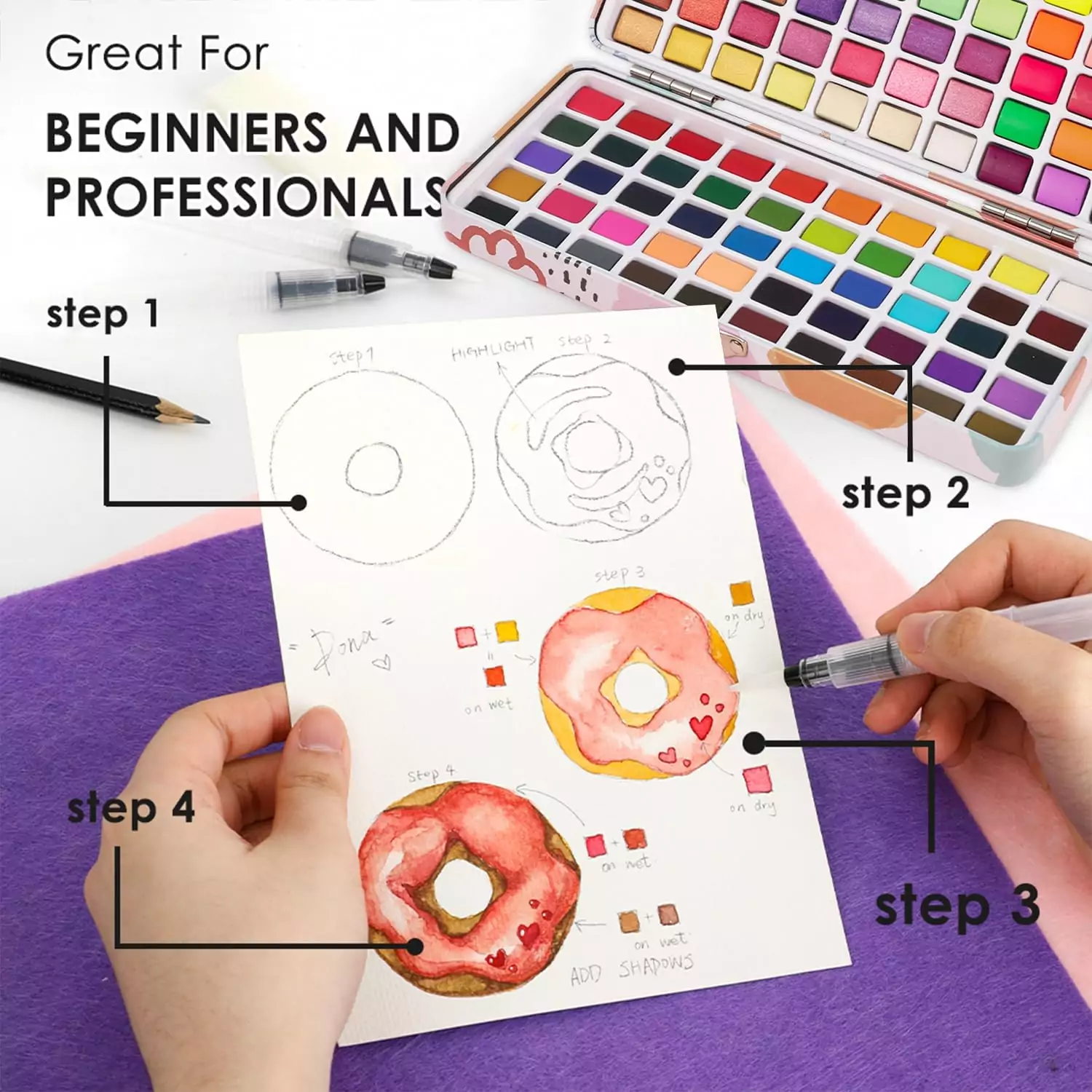 Explore the Grabie Watercolor Set with 100 vibrant colors, including classic, metallic, macaron, and fluorescent options, perfect for educators.