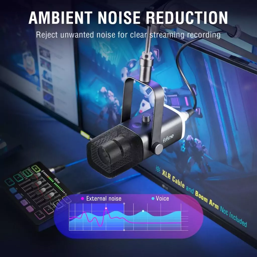Fifine Dynamic USB XLR Microphone ideal for podcasts, gaming, and educators, featuring RGB lights for a visually engaging streaming experience.