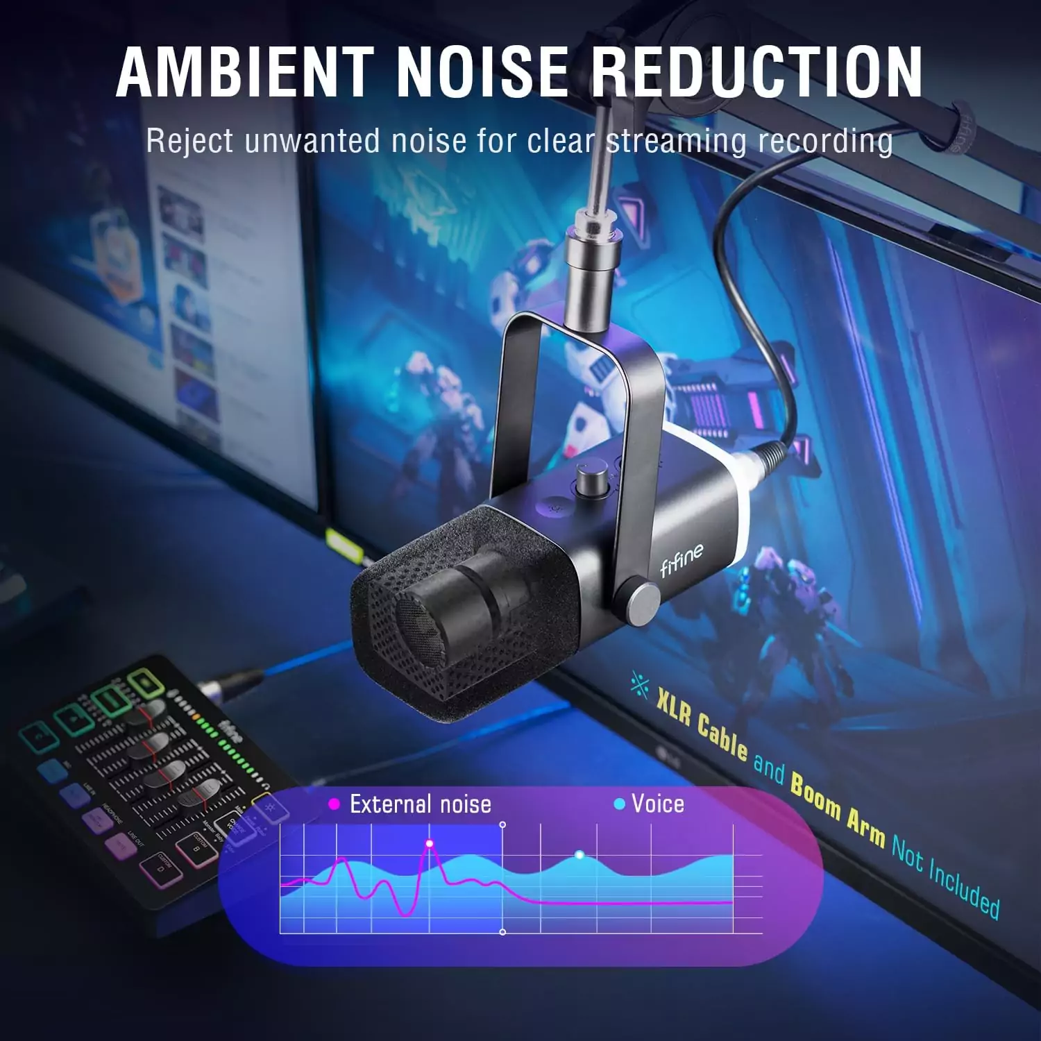 Fifine Dynamic USB XLR Microphone ideal for podcasts, gaming, and educators, featuring RGB lights for a visually engaging streaming experience.