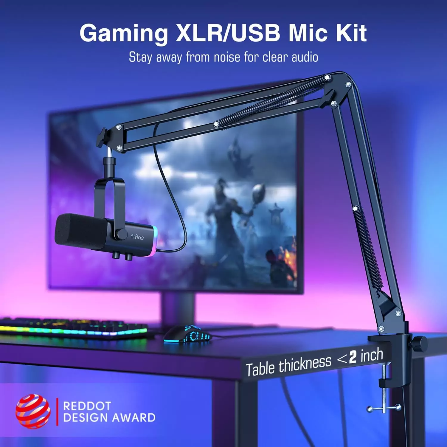 Fifine Dynamic XLR USB Microphone Set ideal for educators and gamers; perfect for RGB gaming, streaming, and podcasting setups.