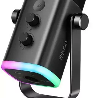 Fifine USB XLR dynamic microphone for podcasts, gaming, education, and streaming, featuring RGB lights, ideal for a modern desk setup.