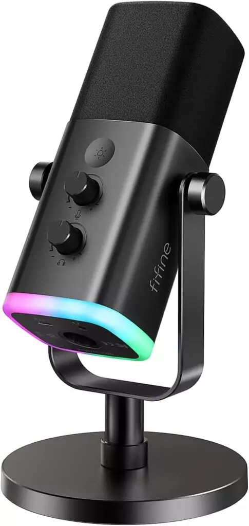 Fifine USB XLR dynamic microphone for podcasts, gaming, education, and streaming, featuring RGB lights, ideal for a modern desk setup.