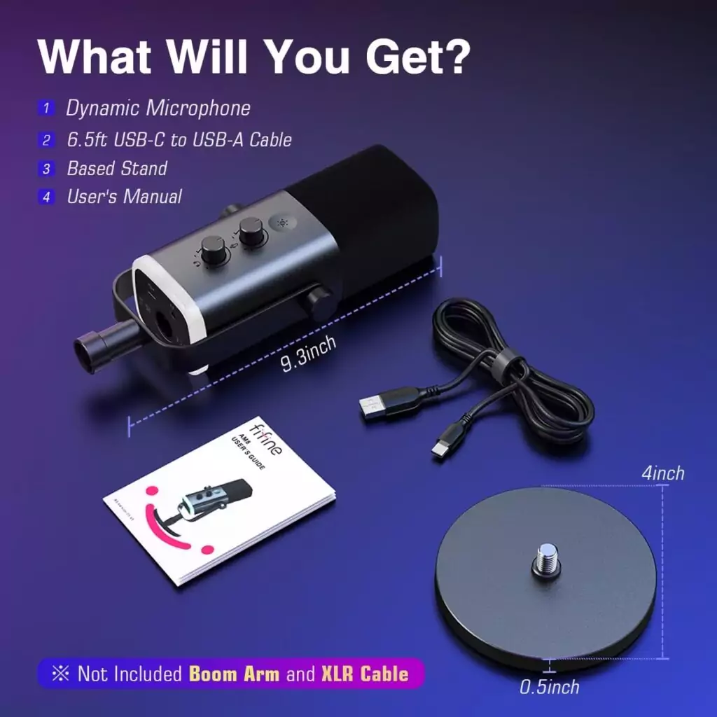 FIFINE USB XLR Dynamic Microphone ideal for podcasts, gaming, educators, and streaming, featuring vibrant RGB lighting for a dynamic setup.