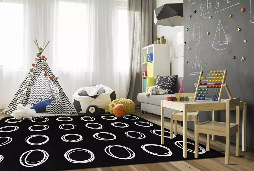 Vibrant educational circle rug designed for kids' classrooms and playrooms, enhancing learning with engaging colors and patterns.