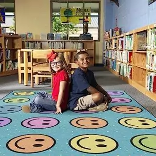 Colorful Educational Rug for Classrooms - Interactive Smiley Seating Area Mat by Flagship Carpets, Perfect for Kids' Learning and Play Spaces