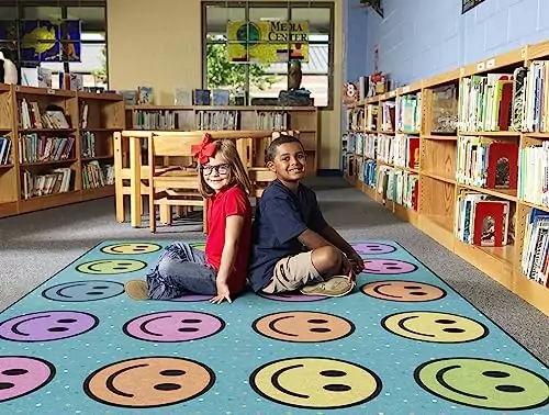 Colorful Educational Rug for Classrooms - Interactive Smiley Seating Area Mat by Flagship Carpets, Perfect for Kids' Learning and Play Spaces