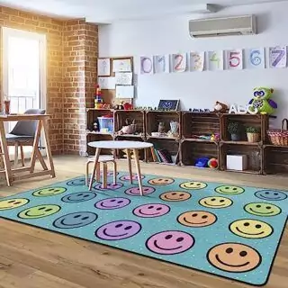 Colorful and Engaging Smiley Face Rug Perfect for Kids' Classroom Seating, Enhancing Educational Spaces with Fun and Interactive Learning Atmosphere