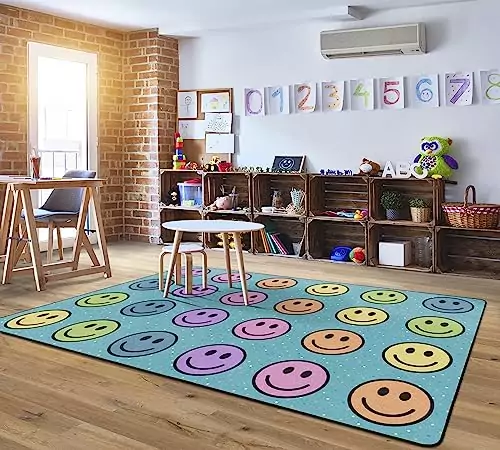 Colorful and Engaging Smiley Face Rug Perfect for Kids' Classroom Seating, Enhancing Educational Spaces with Fun and Interactive Learning Atmosphere