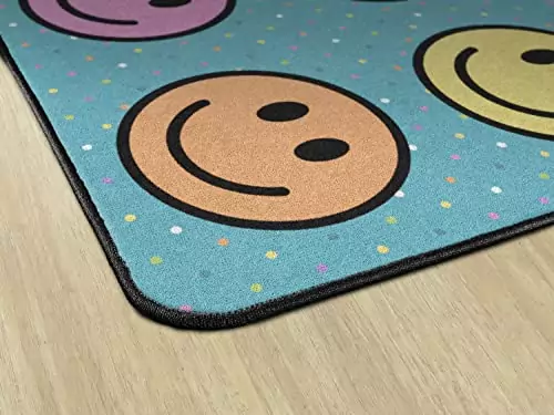Colorful Classroom Rug: Inviting Smiley Design Provides a Fun and Comfortable Seating Arrangement for Kids' Educational Activities