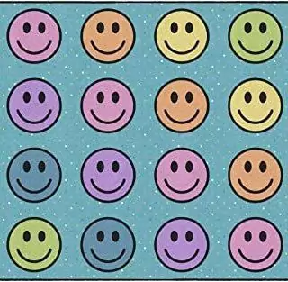 Brightly colored classroom rug designed for children's education, featuring engaging smiley graphics that enhance learning and classroom atmosphere.