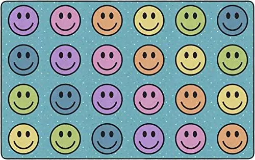 Brightly colored classroom rug designed for children's education, featuring engaging smiley graphics that enhance learning and classroom atmosphere.