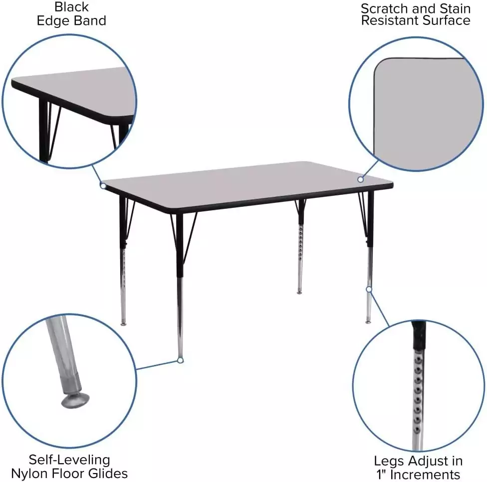 Rectangular grey activity table measuring 24x48 inches, ideal for classroom learning center setup, offering a versatile and durable workspace solution.