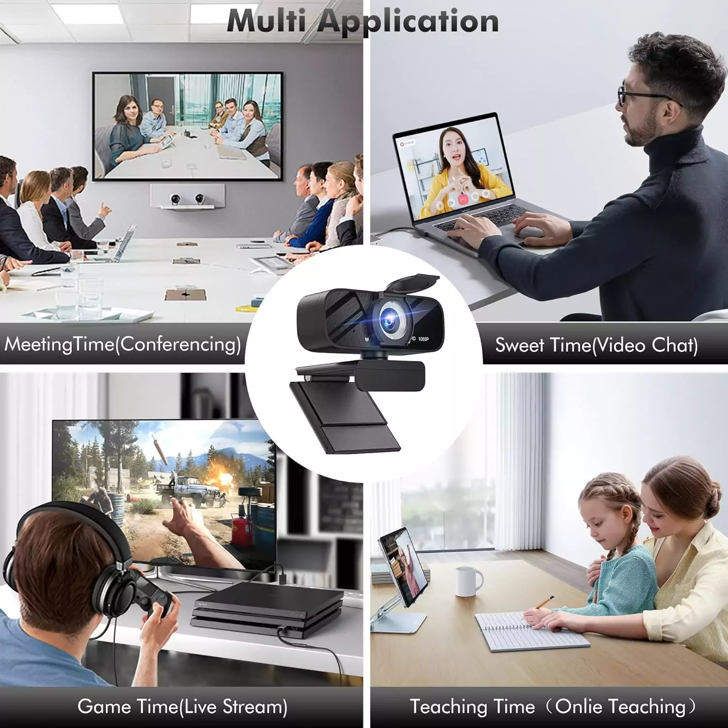 Full HD 1080p educator webcam with microphone; features adjustable FOV, zoom, privacy cover, and a USB teaching setup for optimal online classes.