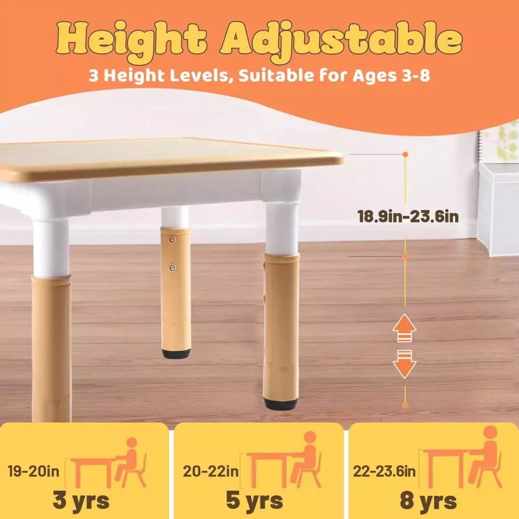 Funlio Adjustable Kids Table offers 3 height levels for classroom use, designed for ages 3-8, providing a vibrant and easy-to-clean learning environment.