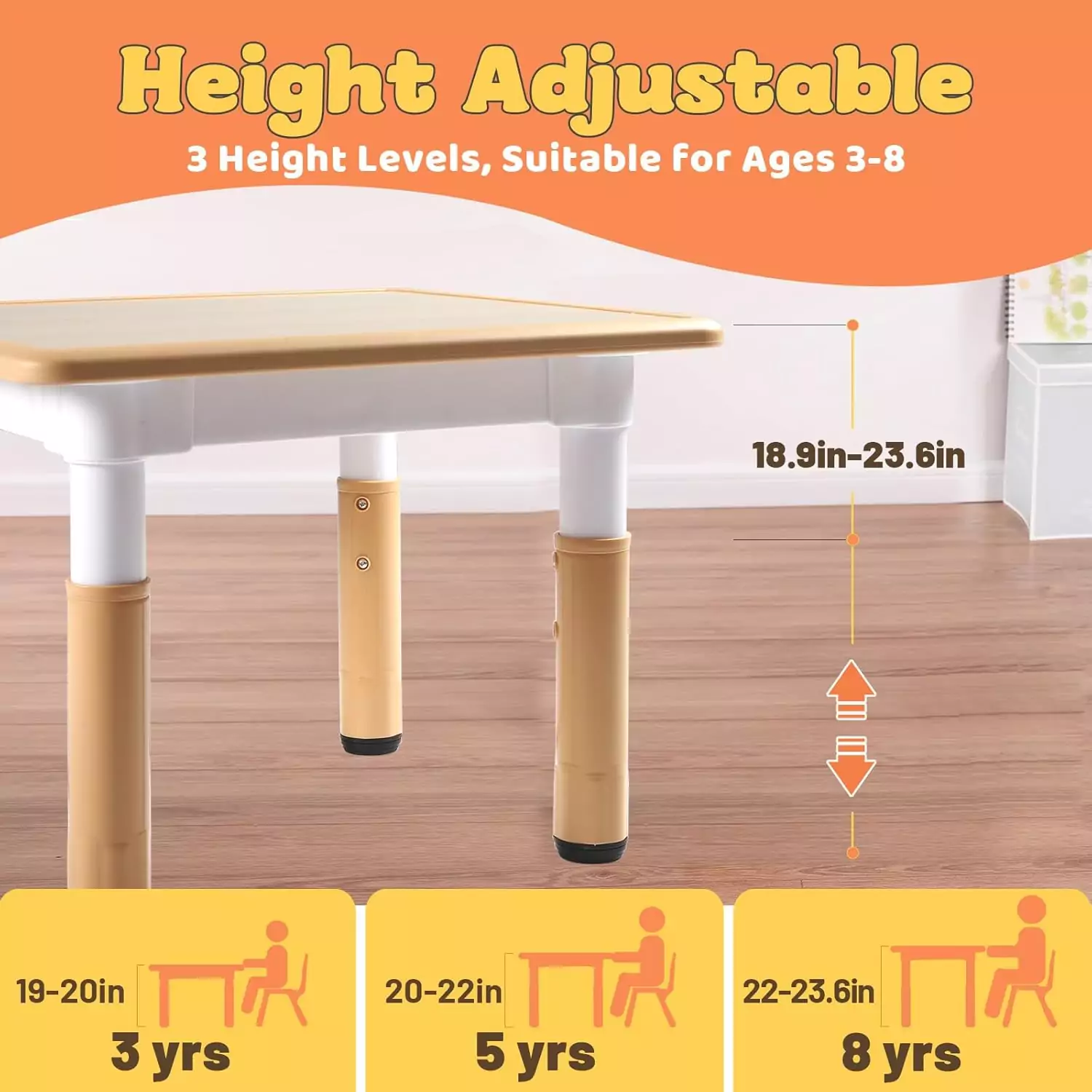 Funlio Adjustable Kids Table offers 3 height levels for classroom use, designed for ages 3-8, providing a vibrant and easy-to-clean learning environment.