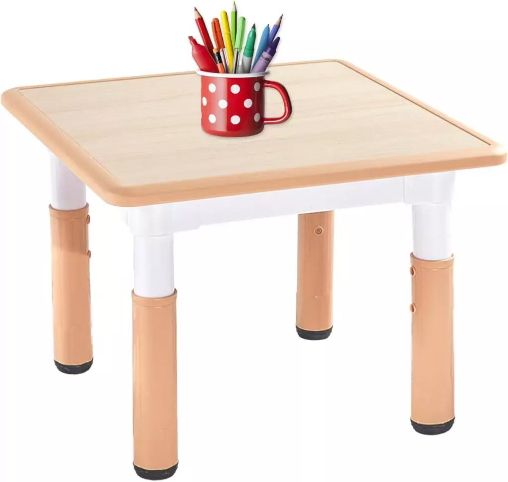 Adjustable kids table designed for creative play, featuring three height levels and easy-to-clean surface; ideal for children aged 3-8 in classroom settings.