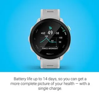 Garmin Forerunner 55 GPS running watch offering daily workout insights and extended battery life, with a sleek blue background, ideal for active educators.