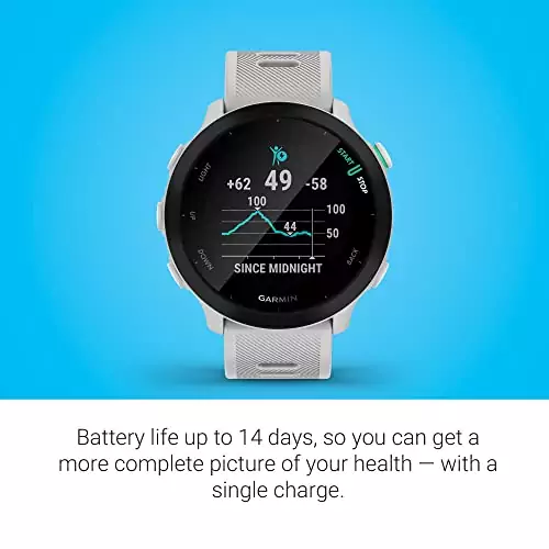 Garmin Forerunner 55 GPS running watch offering daily workout insights and extended battery life, with a sleek blue background, ideal for active educators.