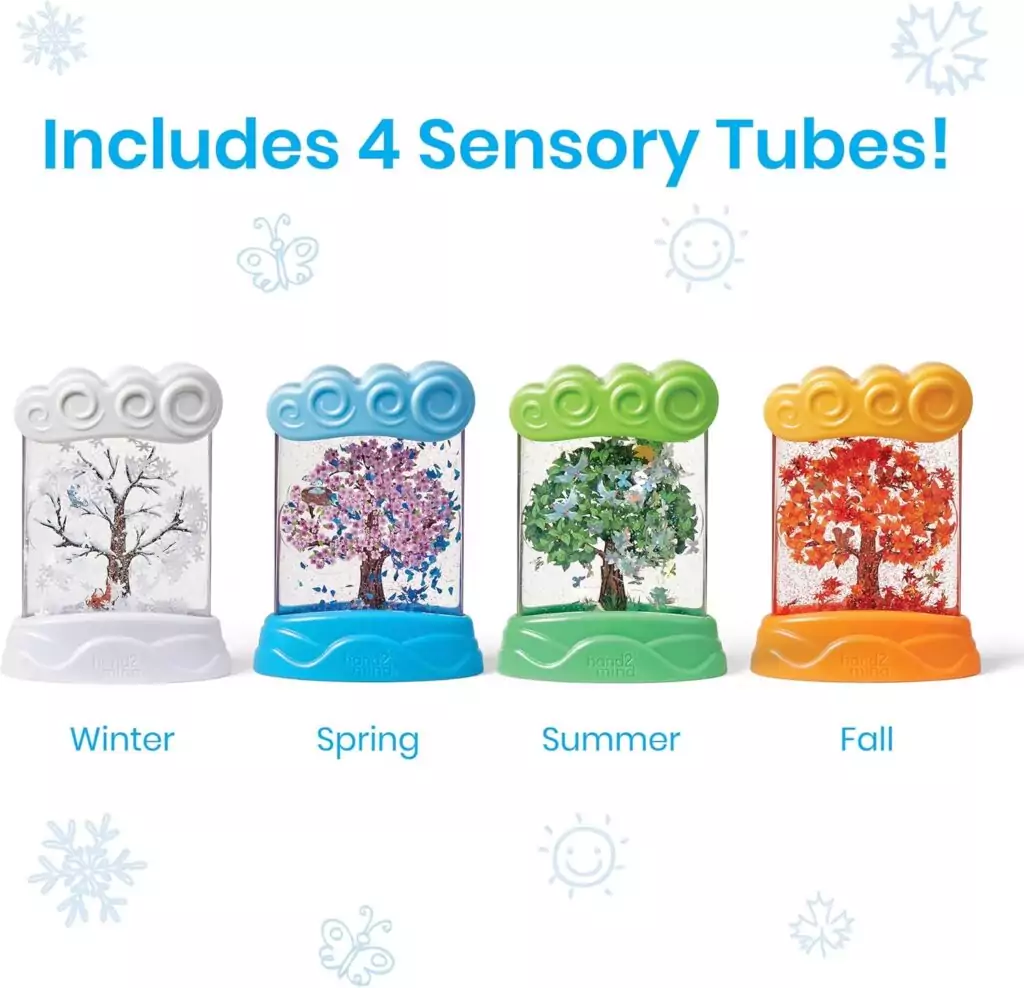 Engage toddlers in sensory exploration with Hand2Mind Changing Seasons Tubes, promoting hands-on learning and season recognition. Ideal for early childhood development.