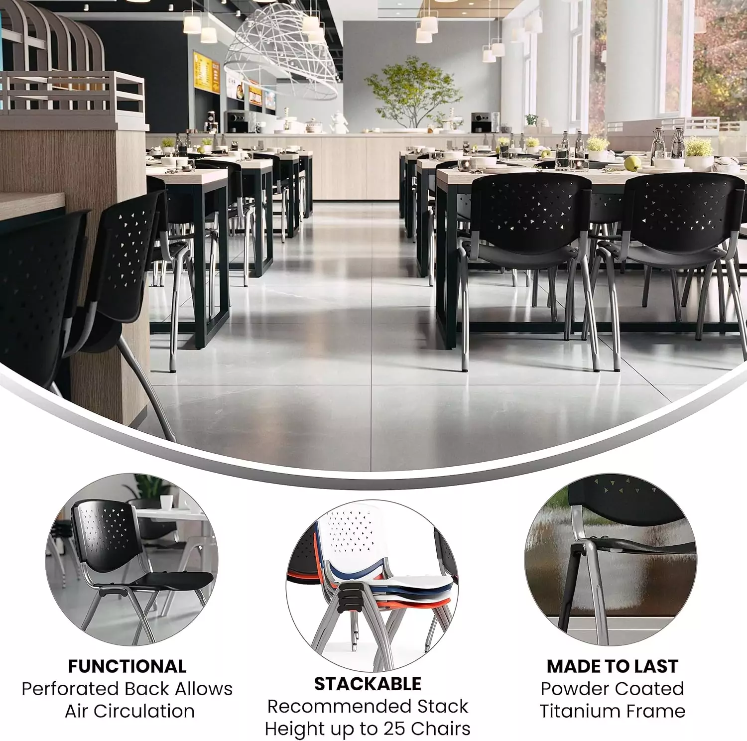 Modern ergonomic Hercules classroom chairs featuring contoured seats and perforated backs designed for comfort and style in educational spaces.