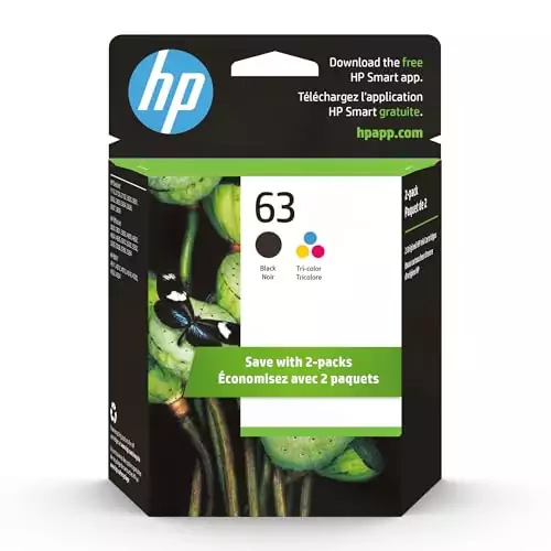 HP 63 Black & Tri-Color Ink Cartridge 2-Pack for DeskJet 1112, 2130, and 3630 printers; essential for education supplies and consistent print quality.