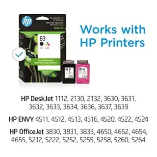HP 63 Ink Cartridge 2-Pack for DeskJet Printers: Ideal for Educational Use and High-Quality Printing Needs.