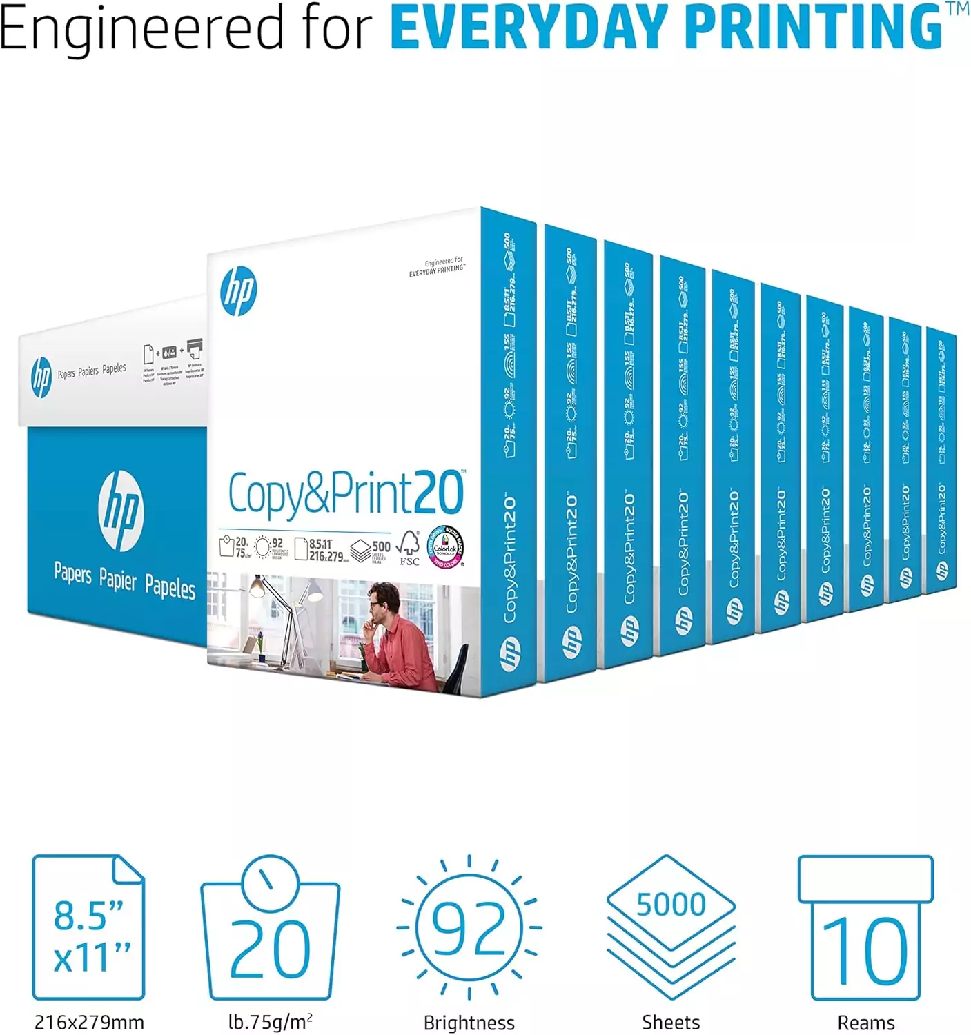 HP Copy Print Paper, 8.5x11 inches, 20lb, 5000 sheets, 92 brightness. Perfect choice for educators and schools seeking high-quality printing paper.
