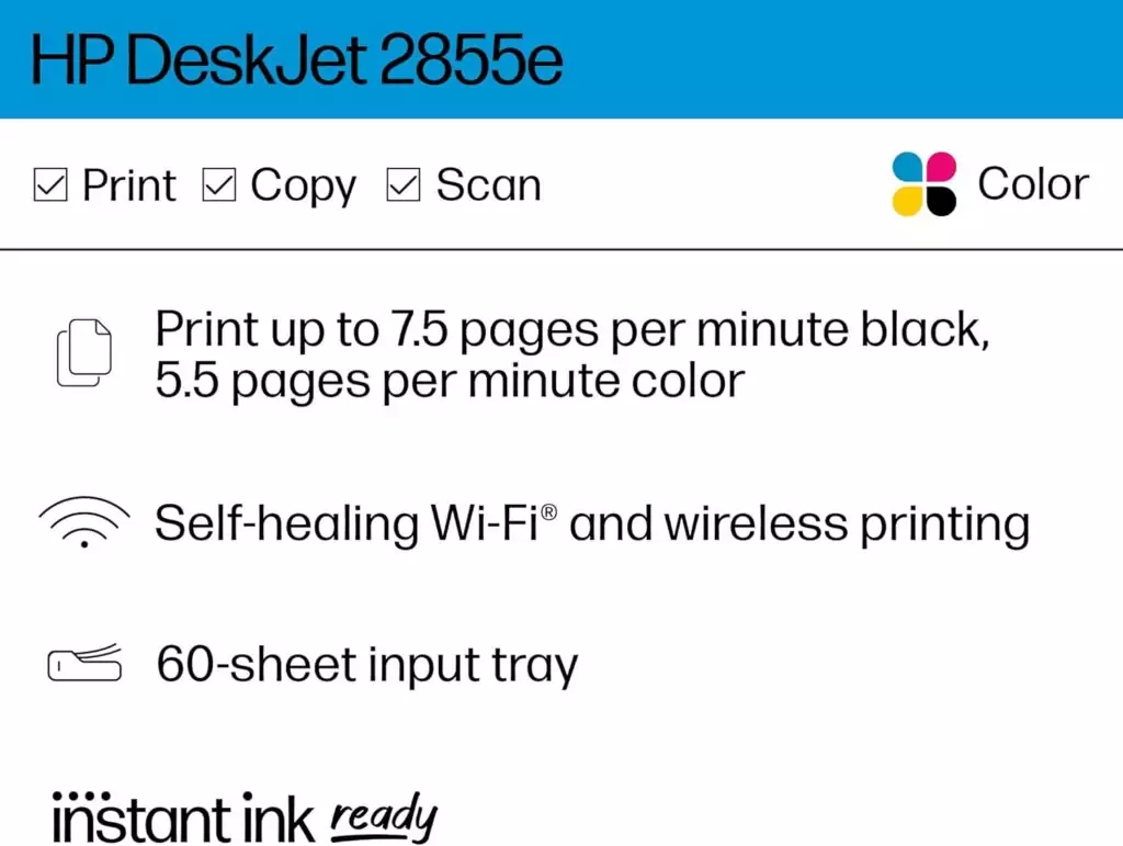 HP DeskJet 2855e Wireless All-in-One Printer for Teachers: Efficient scanning and copying with a special complimentary ink promotion.