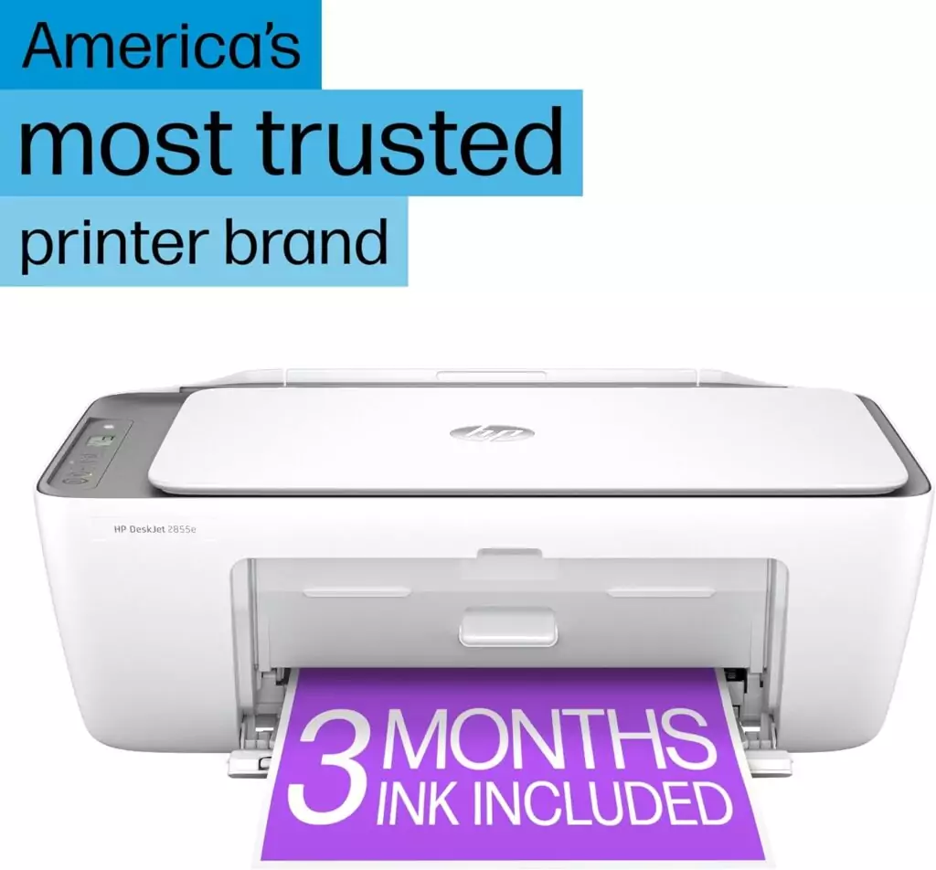 HP DeskJet 2855e Wireless Printer for Educators with Scanner, Copier, Simple Setup, and Free Ink Offer for Enhanced Classroom Productivity
