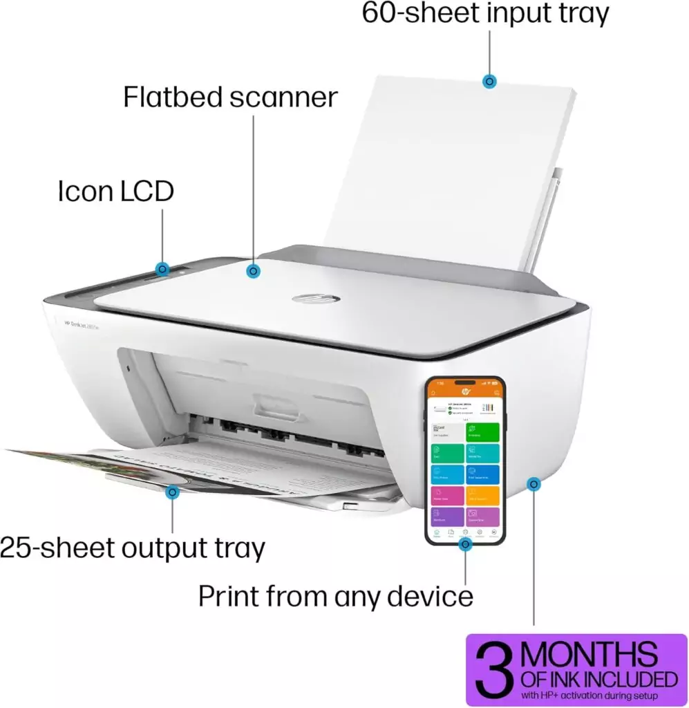HP DeskJet 2855e Wireless Printer is designed for educators, featuring built-in scanner and copier functions, plus an attractive free ink promotion offer.