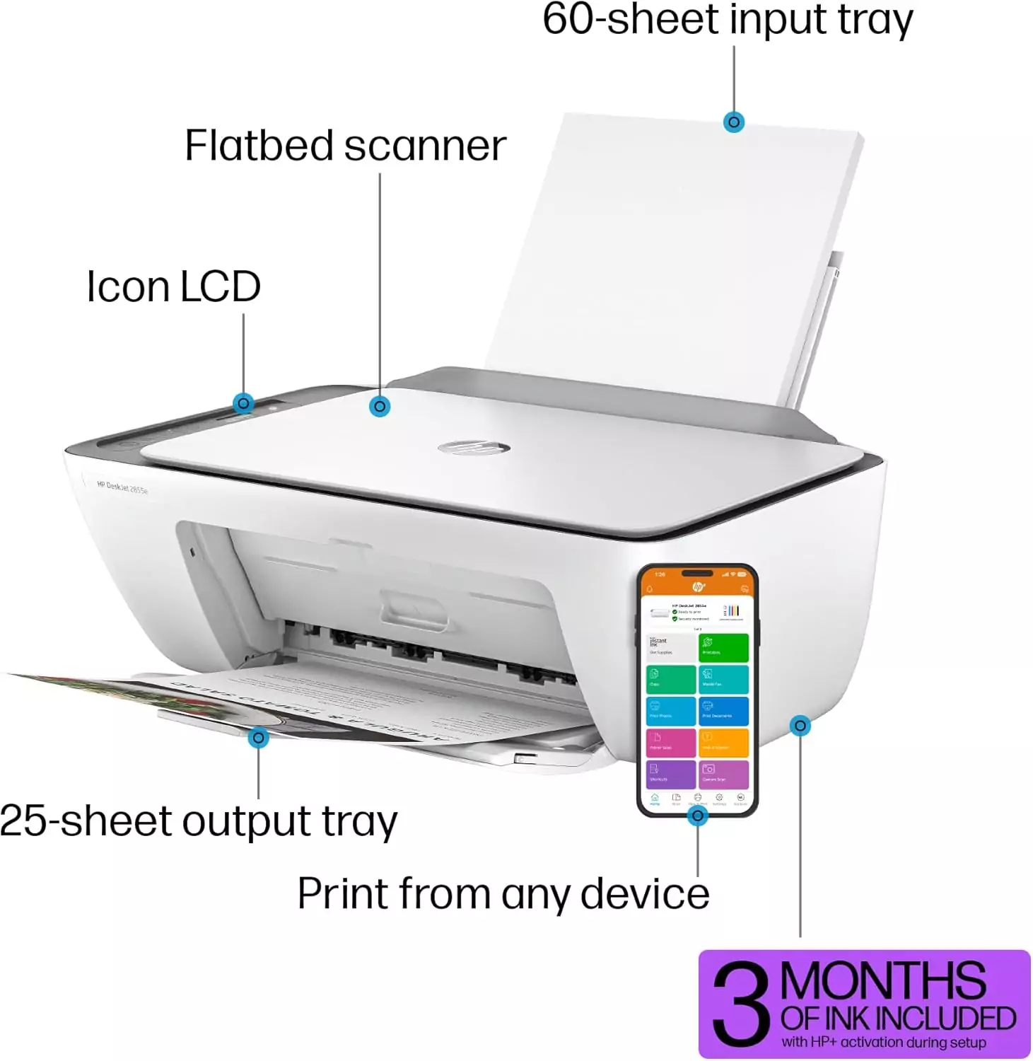 HP DeskJet 2855e Wireless Printer is designed for educators, featuring built-in scanner and copier functions, plus an attractive free ink promotion offer.