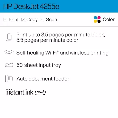 Efficient HP DeskJet 4255e Wireless All-in-One Printer for Educators, includes a 3-month ink offer, ideal for printing, scanning, and copying needs.