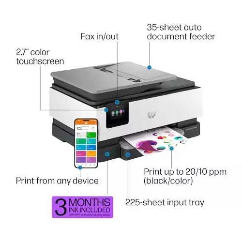 HP OfficeJet Pro 8135e Wireless Printer for Educators - Efficiently print, scan, copy, and fax with this multifunctional device designed for educational needs.