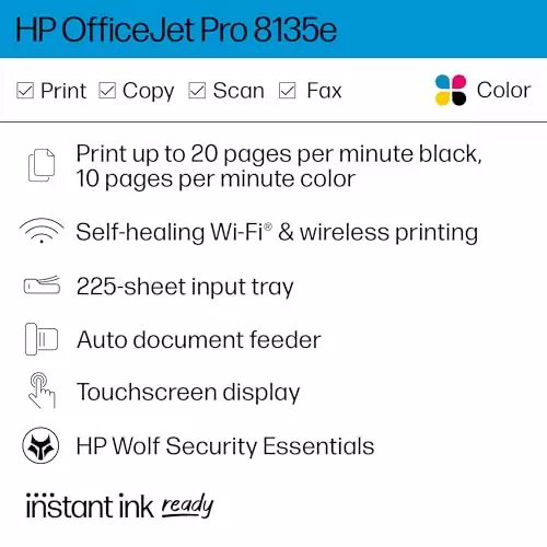 HP OfficeJet Pro 8135e Wireless Printer: Ideal for educators. Effortlessly print, scan, copy, and fax in contemporary classrooms.