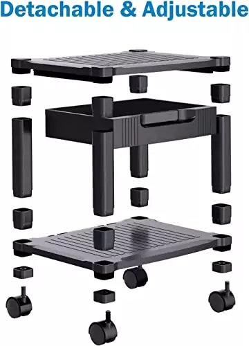 Ergonomic printer stand for classrooms with locking wheels, storage drawer, and cable management, providing organized and mobile printing solutions.