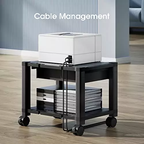 Huanuo printer stand with storage drawer, locking wheels, and cable management—perfect for classrooms and enhancing office organization.