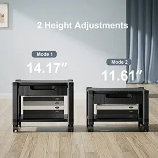 Efficient classroom printer stand with storage drawer and locking wheels, offering organized cable management and easy mobility for educational settings.