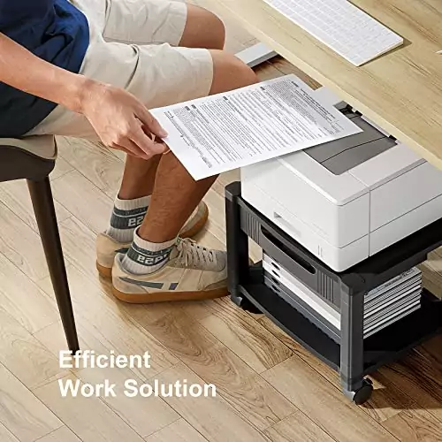 Sturdy printer stand with a spacious storage drawer and locking wheels, perfect for classroom cable management and organized educational environments.