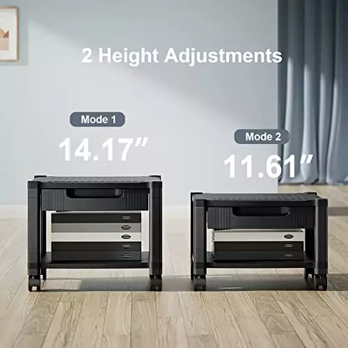Efficient classroom printer stand with storage drawer and locking wheels, offering organized cable management and easy mobility for educational settings.