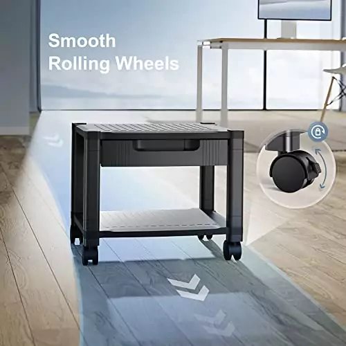 Huanuo Printer Stand with storage drawer and locking wheels, designed for classroom cable management. Durable, mobile solution for educational settings.
