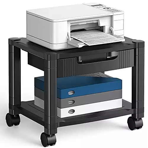 Sturdy printer stand with storage drawer and locking wheels, perfect for efficient classroom organization and effective cable management.
